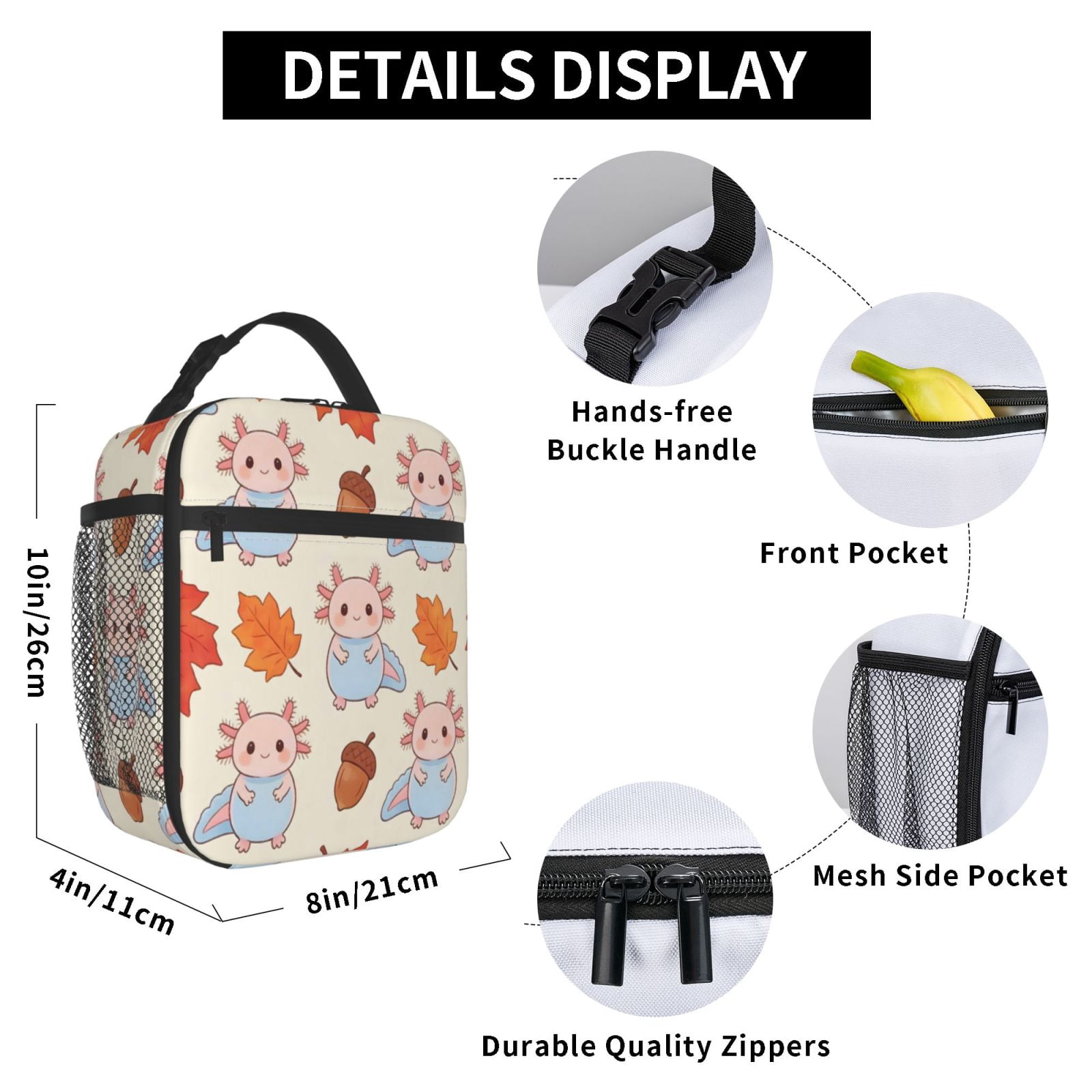 Lunch Bag For Women Men Insulated Portable Lunch Box Bento Box Office Picnic Travel Cooler Bag Hazelnut Firefly Axolotl