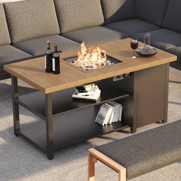 Grand Patio 55'' Outdoor Gas Fire Pit Table, 40000 BTU Patio Rectangle Propane Fire Pit with 2 Tier Shelves