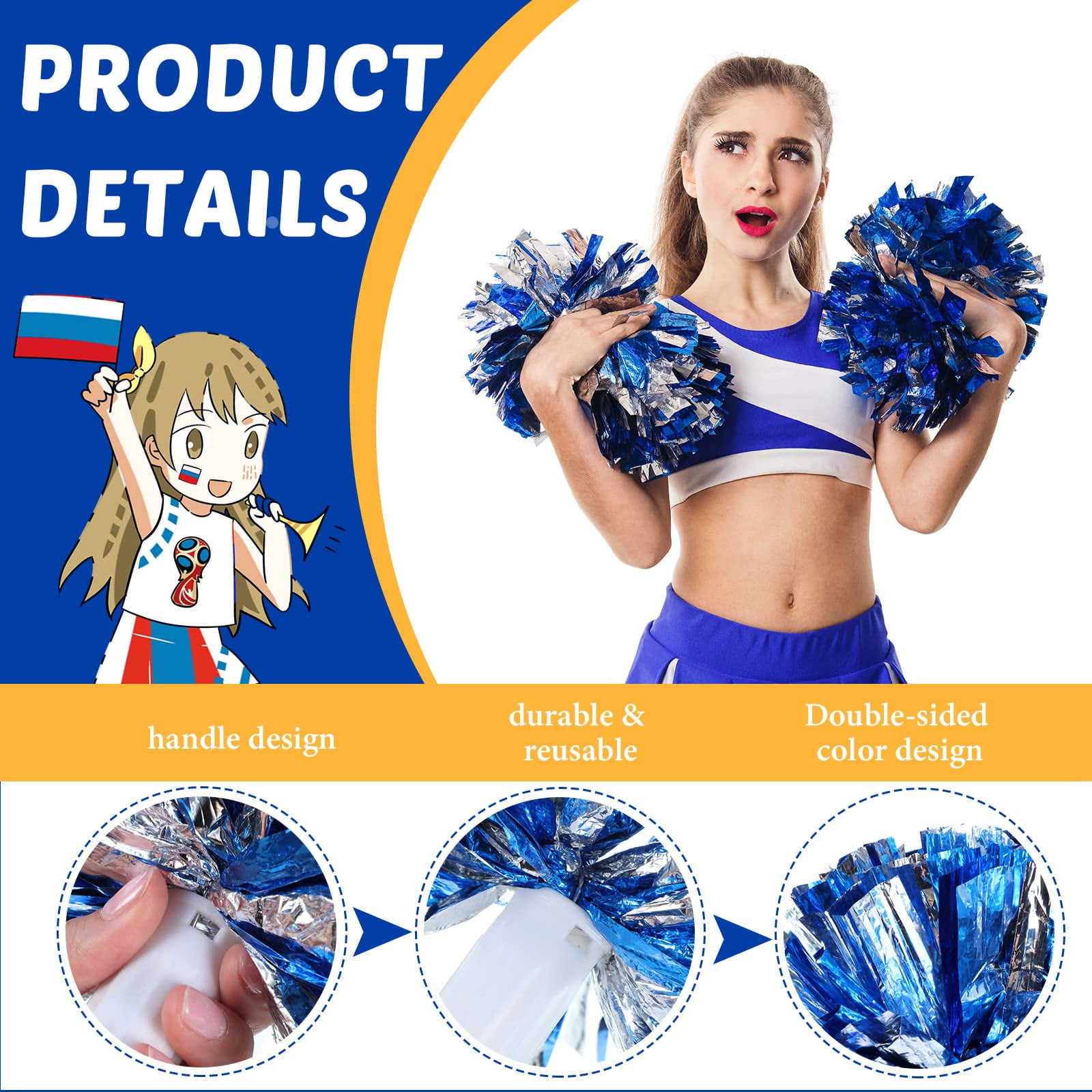 LINLIN 18 Pack Cheerleading Pom Poms with Plastic Handle ,Metallic Cheering Squad Pompoms for Team Sports Football Dance Cheering Kids Adults