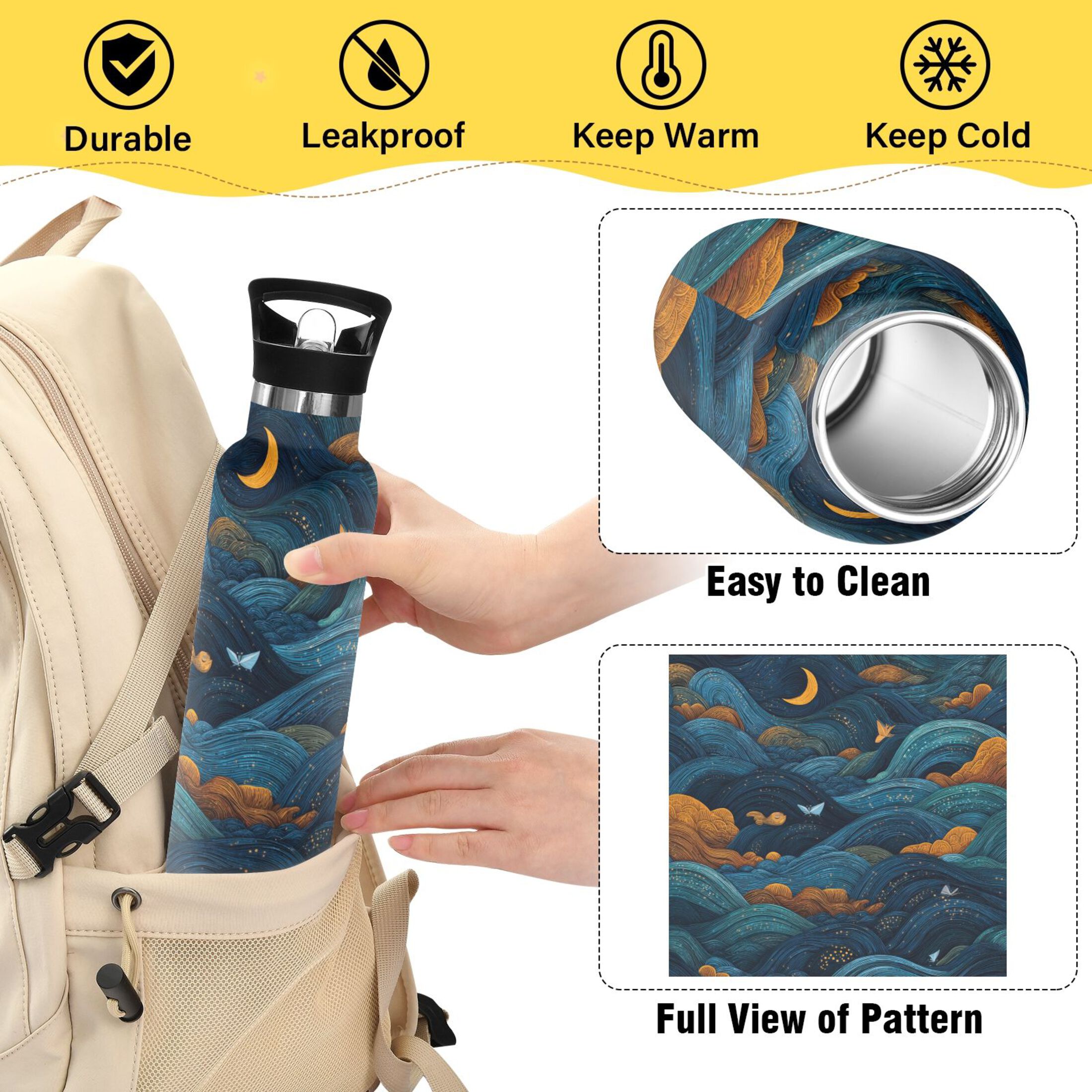 600ML Stainless Steel Insulated Cup Sports Water Bottle Portable Thermos Cup Water Glasses Insulated Tumblers Convenient and Durable Dark Blue Clouds