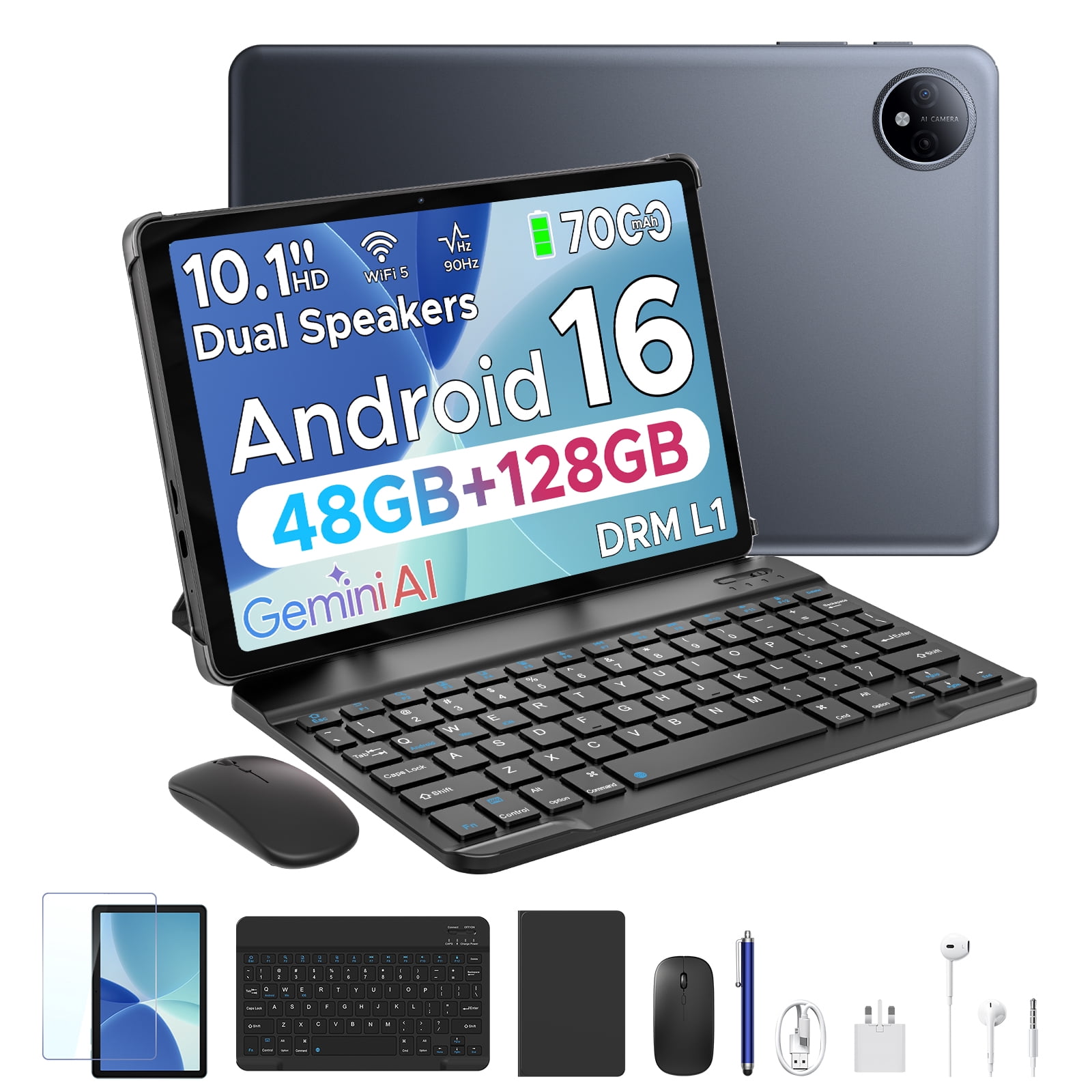 POCKAM P10 10.1 inch Tablet, 48GB RAM+128GB ROM, Android 16 Tablet with Gemini AI, 7000mAh, Unisoc T310 Quad-Core, 90Hz, 8MP+5MP, Dual Speakers, Headphone, Tablet with Keyboard, Pen, Case