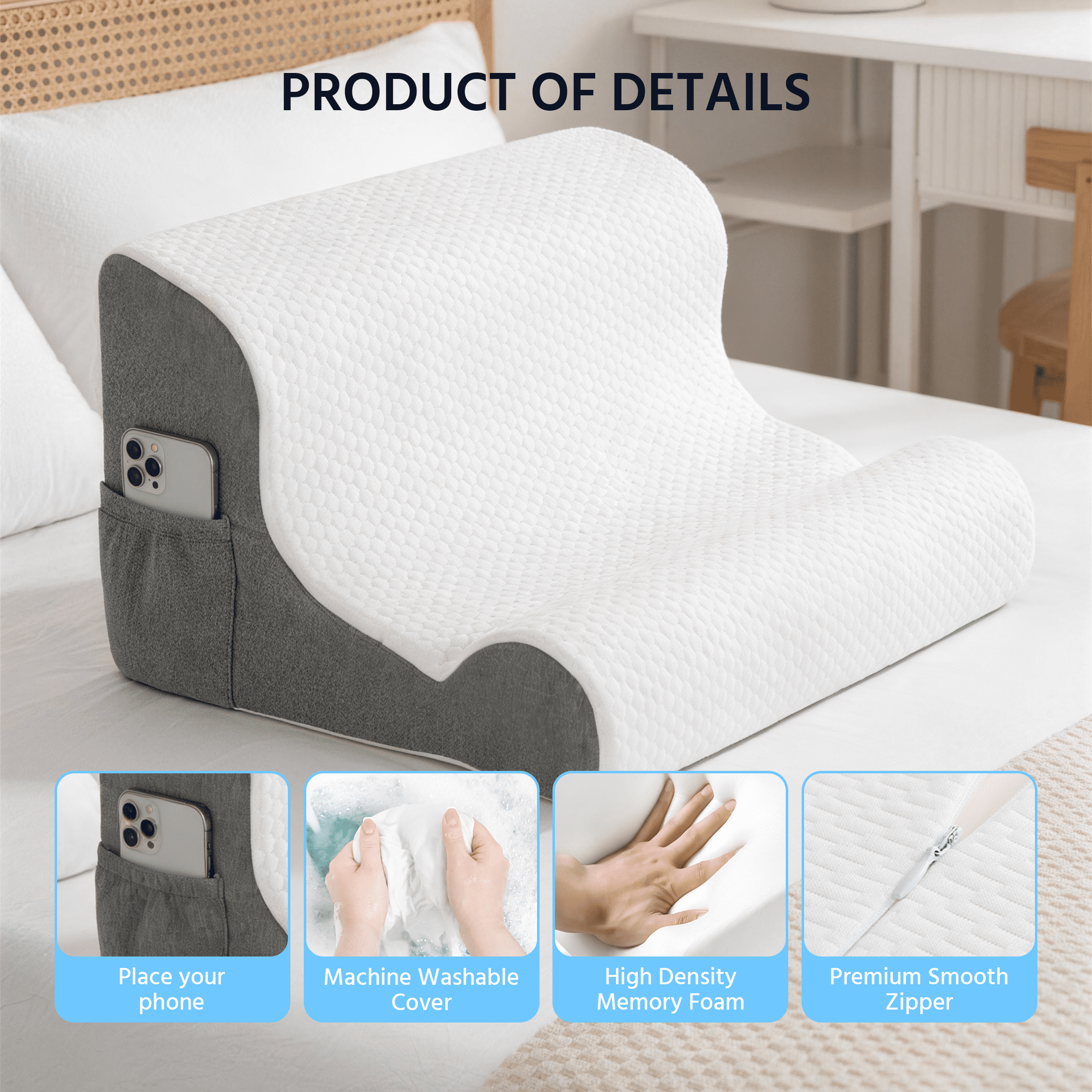 ORFELD Wedge Pillow for Sleeping,Resting,Back Pain Relief and Post Surgery,Memory Foam Cushion with Grey and White Patterned Polyester Cover, Ideal for Bedroom & Living Room,White