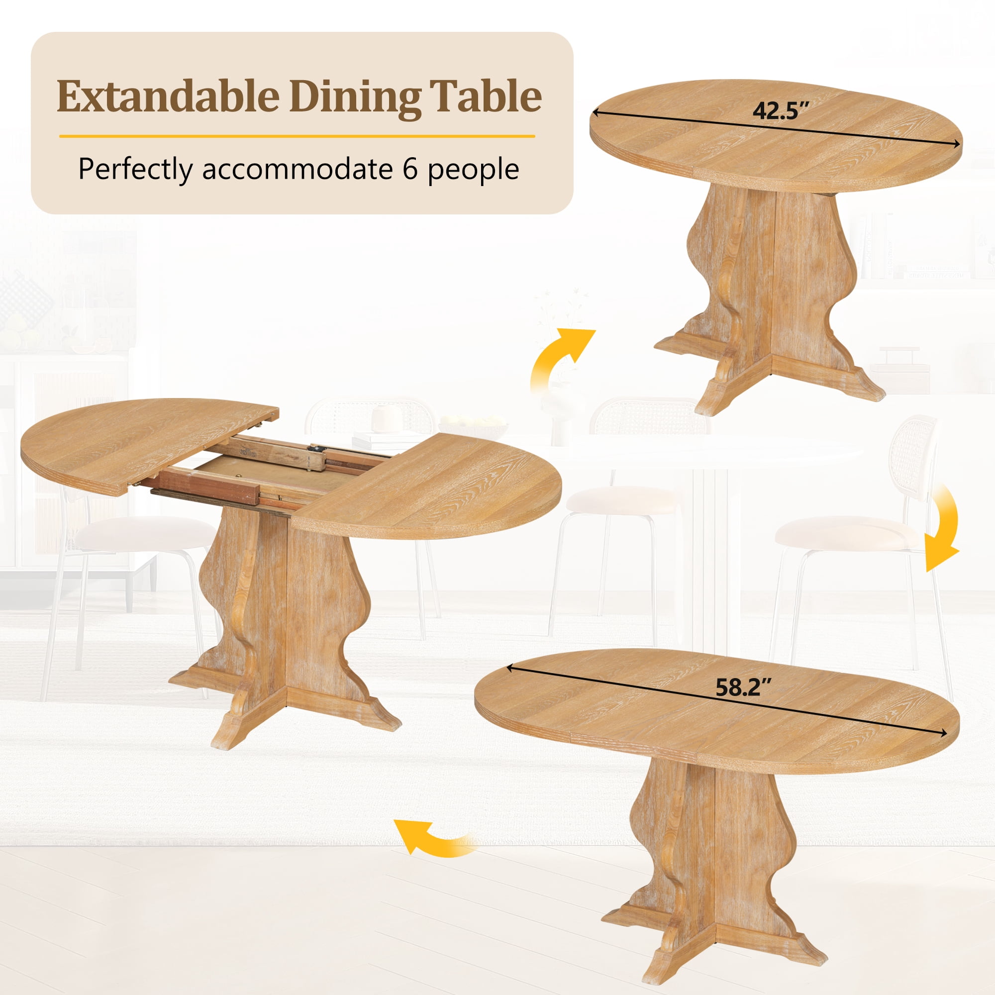 Mintazer 5 Piece Extendable Oval Pedestal Dining Table Set, Farmhouse Expandable Dining Table with 4 Upholstered Chairs for Living Room Dining Room, Natural