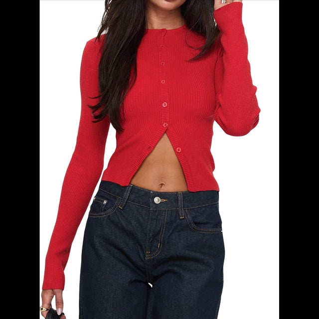 Suéter Corto Informal de Larga con Cuello Halter, Botones y Abertura Frontal para Mujer Rojo XL