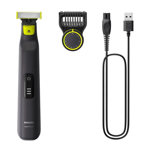 Philips OneBlade Pro Rostro QP6532/10 – Recortadora/Afeitadora 3‑en‑1 con Peine 12 Longitudes (0.5‑9 mm), Batería 90 min