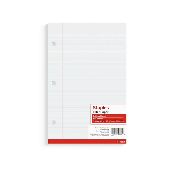 Staples College Ruled Filler Paper 5.5" x 8.5" 3-Hole Punched White 300/Carton ST12301DVS
