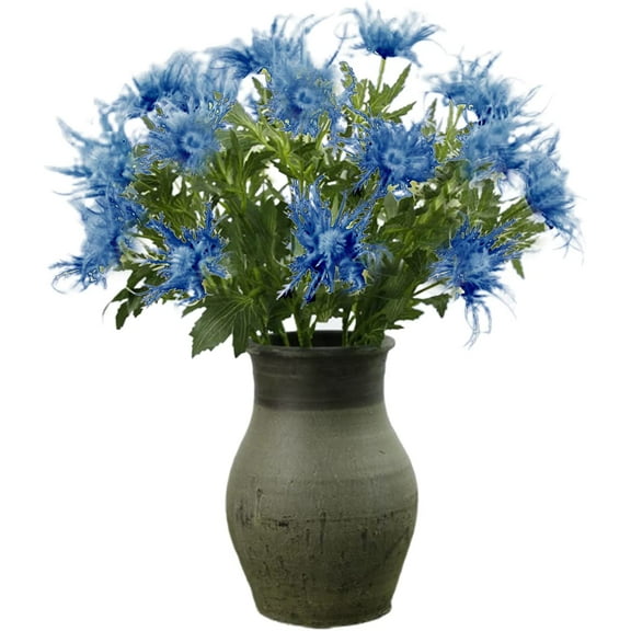 Zukuco Blue Artificial Thistle Flowers Bouquet, 3 Pack Long Stems Faux Thistles Flower Bunch Fake Plant Spray Sea Holly for Wedding Home Decor