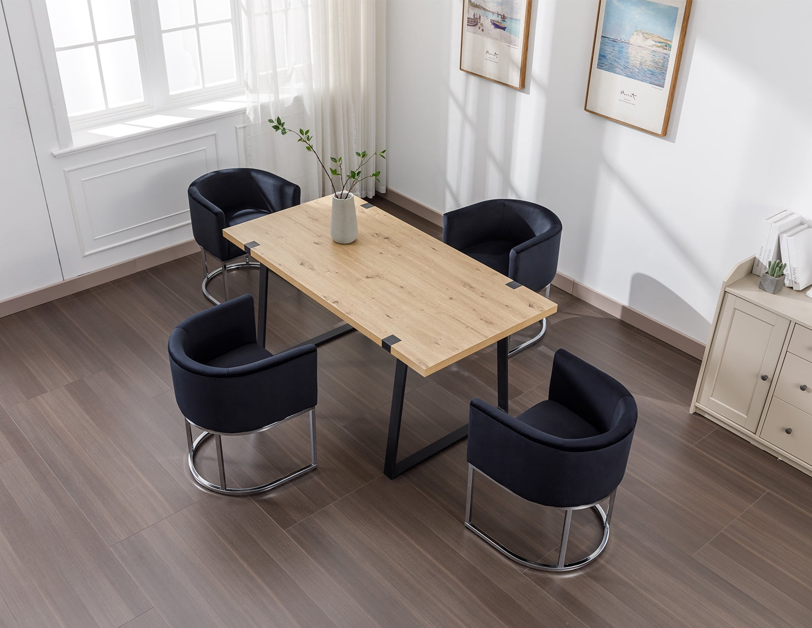 Guyou Modern Velvet Dining Chair, Mid-century Upholstered Barrel Kitchen Chairs Fabric Side Chair with Metal Legs and Curved Back for Living Room Dining Room Bedroom, Black