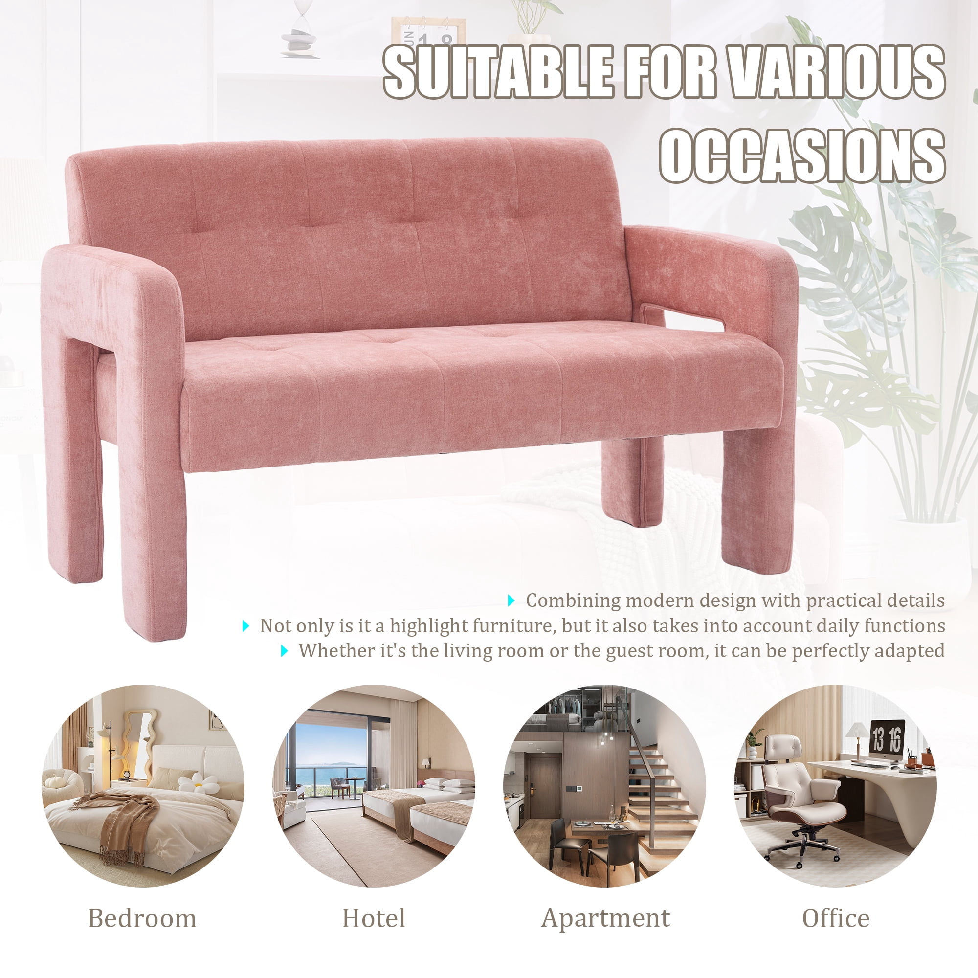 MOONMISS Chenille Upholstered Tufted Comfortable Wood Frame Loveseats Sofa with Dual Armrests-Pink