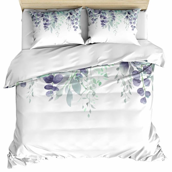 Teal Purple Botanical Bedding 3 Piece Duvet Cover Set Queen Size, Eucalyptus Leaves Watercolor Spring Soft Microfiber Comforter Cover with Zipper Closure & Pillowcases, FadeResistant Quilt Cover