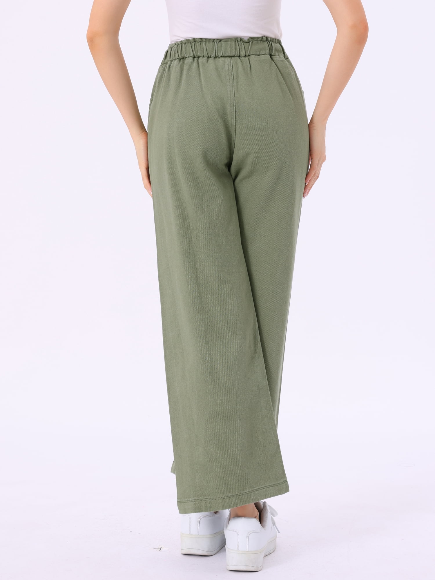 DARING DIVA Women's Trendy Elastic Waist Wide Legs Drawstring Jeans M Army Green