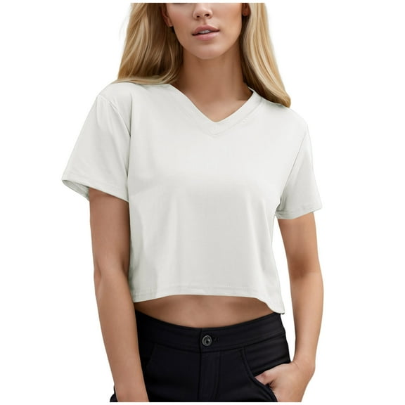OSOLU Solid Color Women Casual V-Neck Short Sleeve Solid Color Basic Crop Tops T-Shirt Tshirts Tee Summer Tops Breathable Dailywear