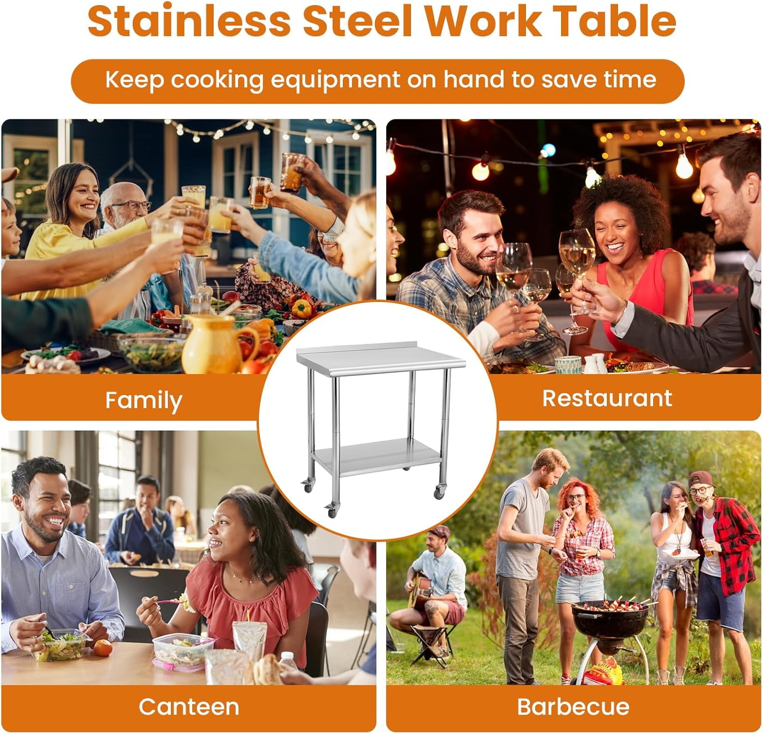 Tuekys Stainless Steel Table with Hooks,Metal Prep Table with Backsplash & Adjustable Undershelf,Curved Edge,Heavy Duty Food Prep Worktable for Home