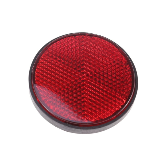 2 Pcs Plastic Round Reflective Warning Reflector Fits for Car Motorcycle Motor Bikes Bicycles ATV Dirt Bike in red color. The reflector is made of durable plastic, measures 5.5 x 5.5 x 0.6 cm, and features a screw on the back for easy installation. Suitable for use with reflector brackets to enhance visibility and safety.