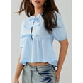 thumbnail image 7 of Mevireiy Tie Front Tops for Women, 3/4 Length Puff Sleeve Y2K Peplum Babydoll Going Out Blouse Tops, Blue, S, 7 of 7