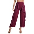 thumbnail image 2 of Kaerm Women Latin Dance Pants Ruffled Drape Wide-Leg Pants Ballroom Pants Dancing Practice Burgundy XXL, 2 of 7
