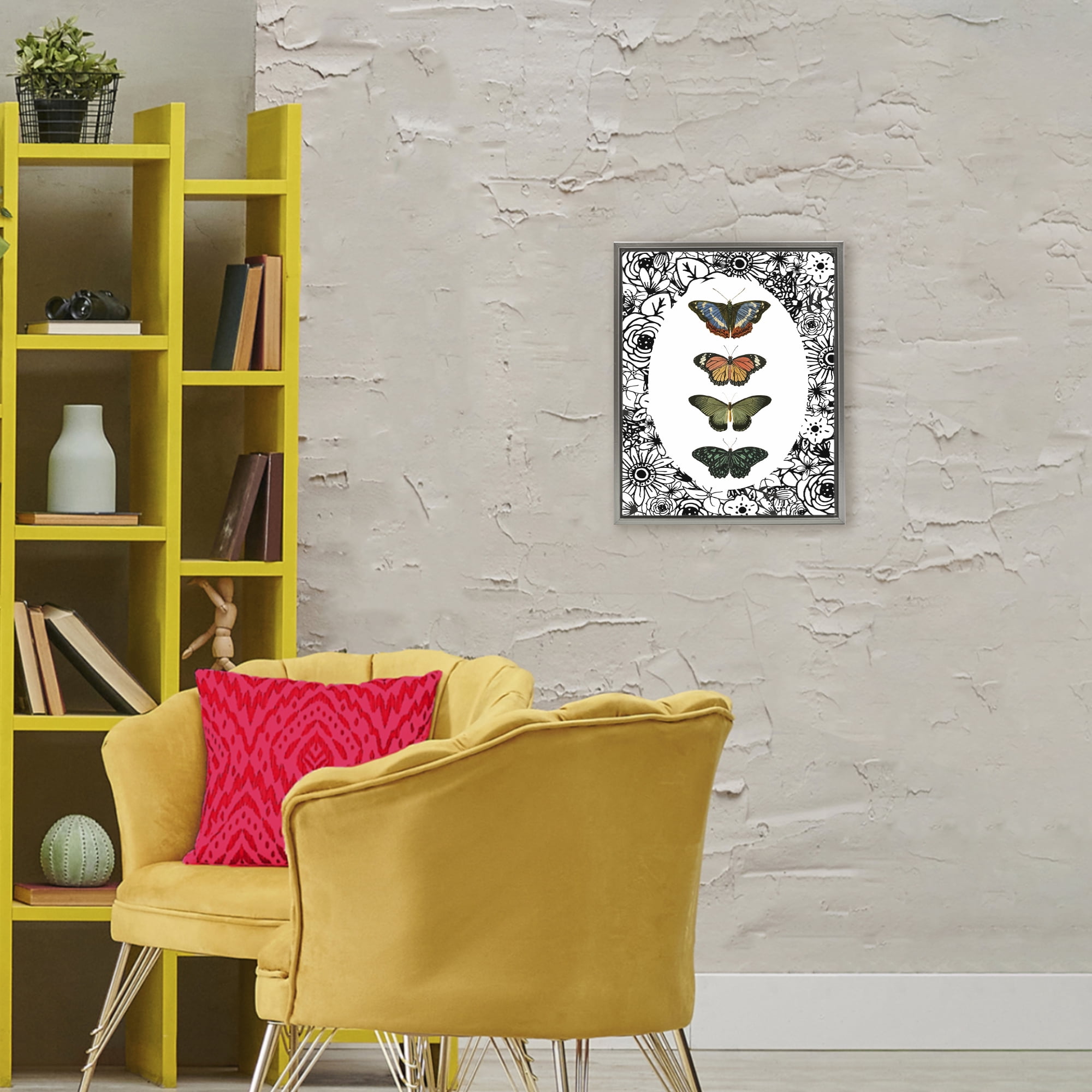 Stupell Industries Floral Border Butterfly Lineup Gray Framed Floater Canvas Wall Art, design by Dan Meneely