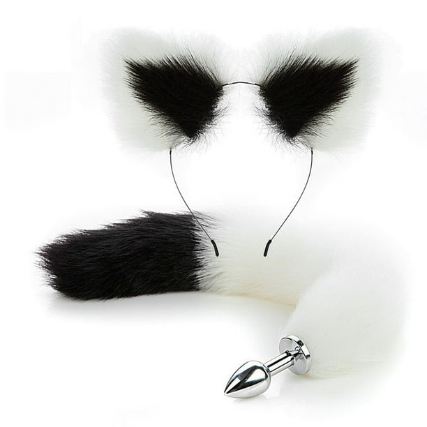 sm fun fox tail anal plug metal backyard plug suministros para adultos juguete artificial tail suit play silver pequeña cola blanca punta negra + oreja negra punta blanca LingWen 1327537337263