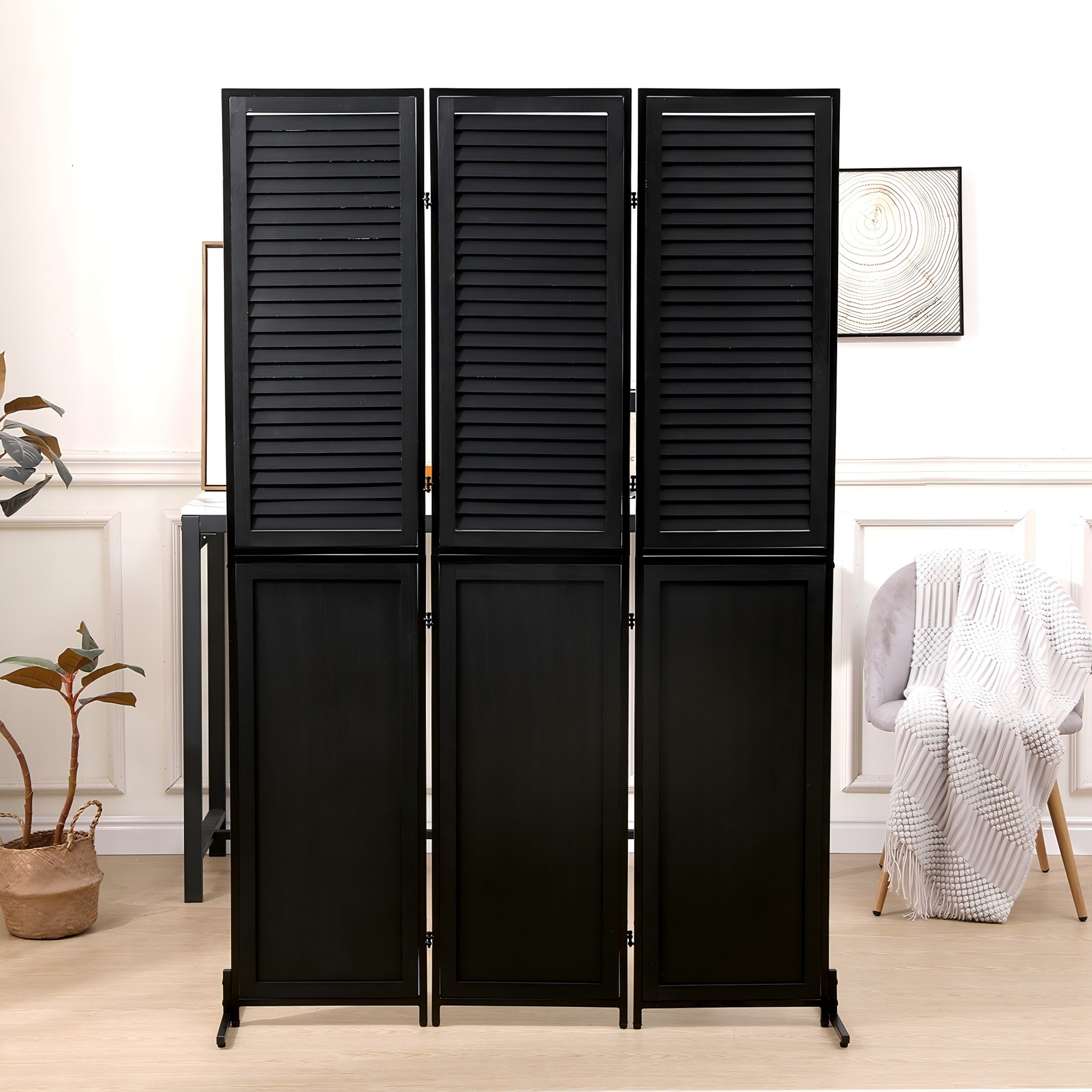 3 Panels 5.9 FT Wooden Room Dividers Black Folable Privacy Screen Louver Room Separation Indoor Freestanding Wall Partition Screen