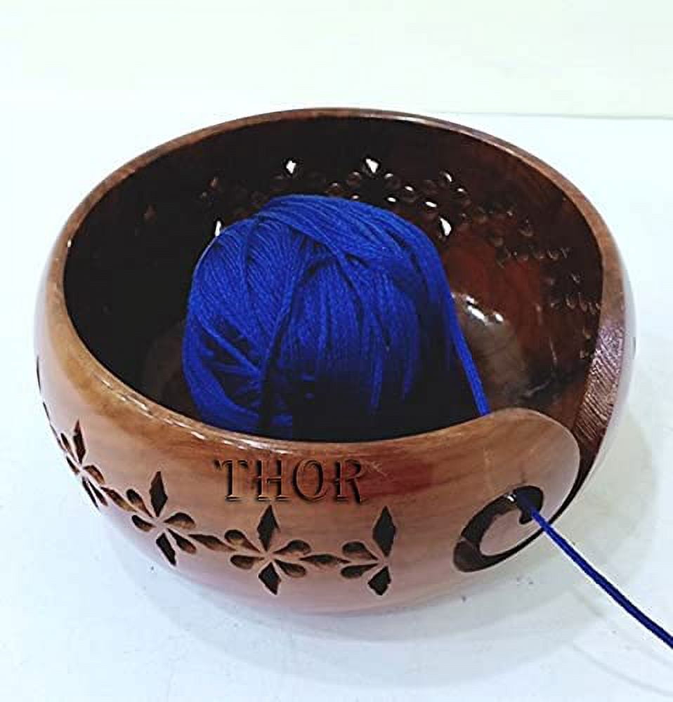 Handmade Brown Wooden Yarn Bowl Knitting Crochet Organizer Storage Holder