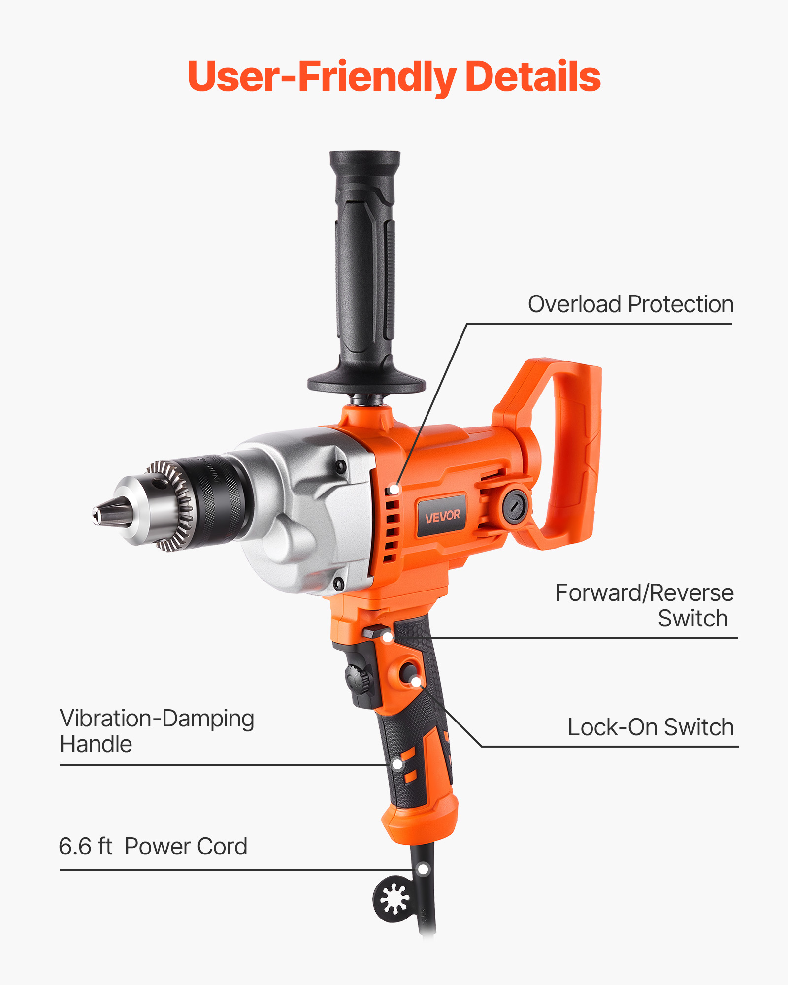 VEVOR Drill Mixer, 1/2 inch Corded Electric Drill Mixer Set, 0-850RPM 5.4A Mixing Drills,Mixing Drills Machine with D-Handle for Drilling & Blending, Handheld Cement Mixers for Fodder, Paint, Cement