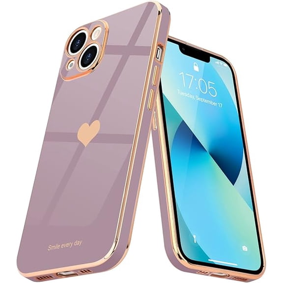 Compatible with iPhone 13 Case for Girl Women Cute Love-Heart Luxury Bling Plating Soft Back Cover Raised Camera Protection Bumper Silicone Shockproof Phone Case for iPhone 13, Lavender