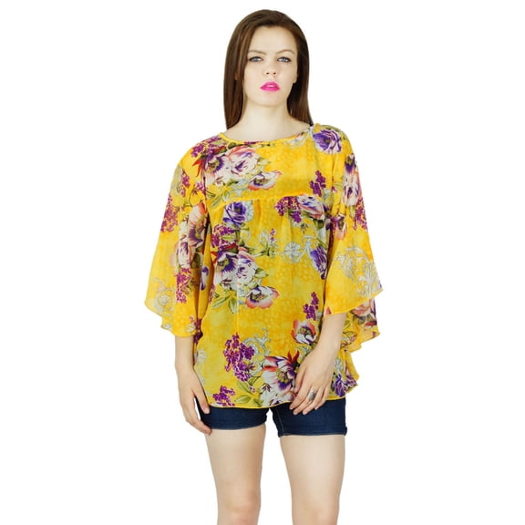 Bimba Women Yellow custom Georgette Top Kimono Sleeve Floral Blouse Tunic