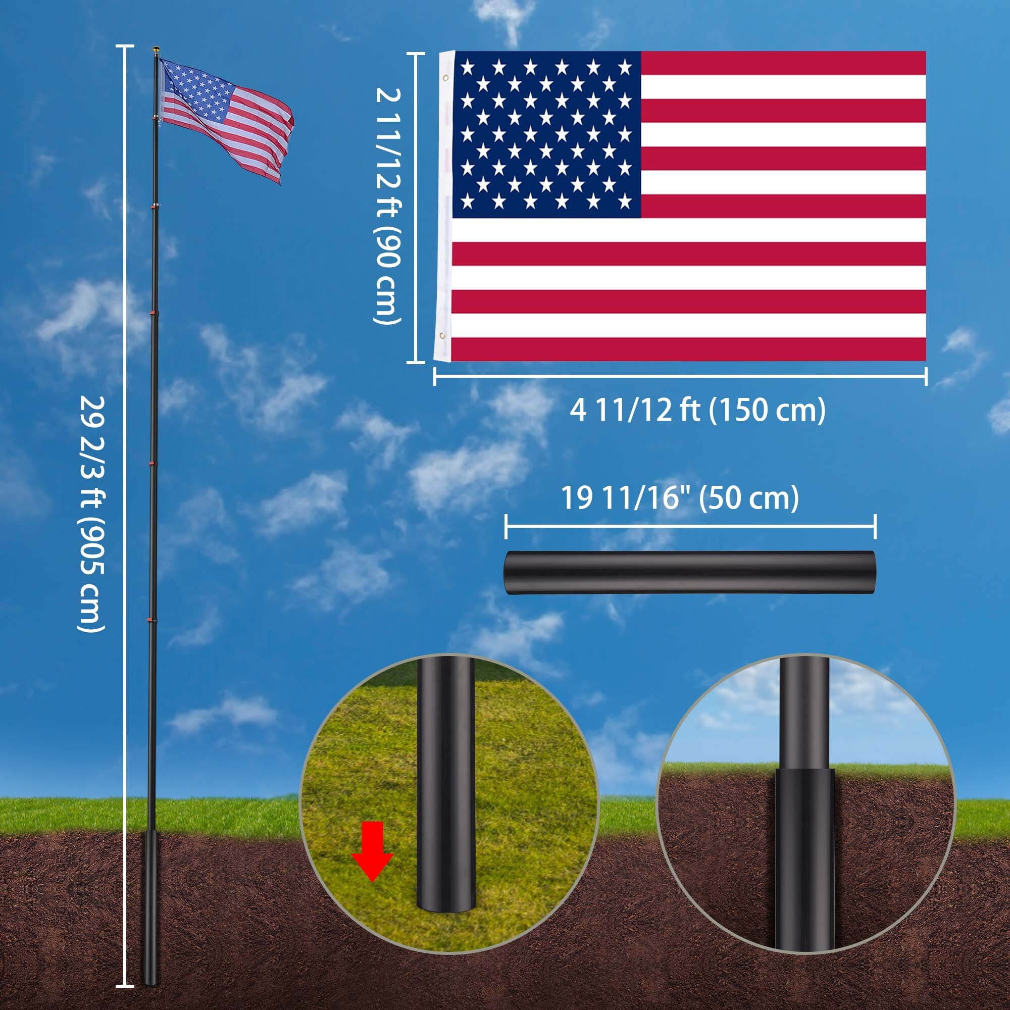 Yescom EZ GO 30Ft Commercial Telescoping Flag Pole Kit Portable Display Sign Banner Pole for Outside Hotel Business Events Advertising Flag Black
