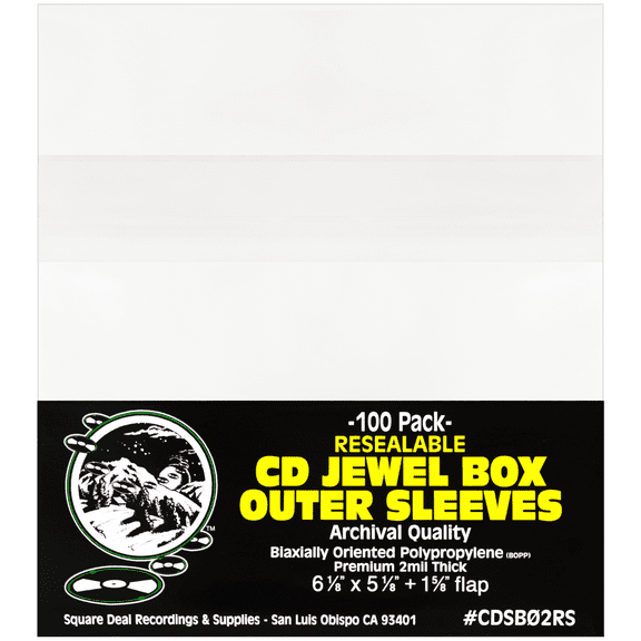 SquareDealOnline - CDSB02RS - Resealable CD Outer Sleeves - Holds 1 Jewel Box - Clear (100 sleeves)