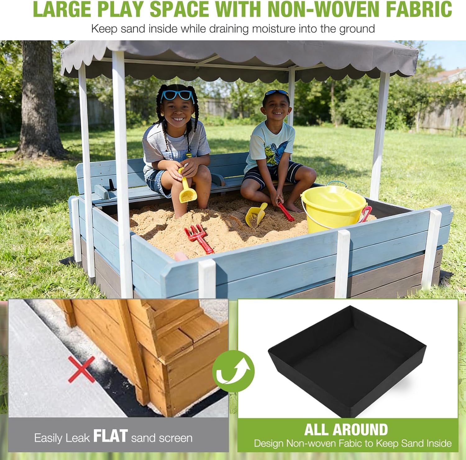 AIVITUVIN Sandbox with Lid and Cover for Kids Outdoor with 2 Foldable Bench Seats, Adjustable Canopy and Sand Protection Liner, 47.2" L x 47.2" W x 51.9" H, (Blue)