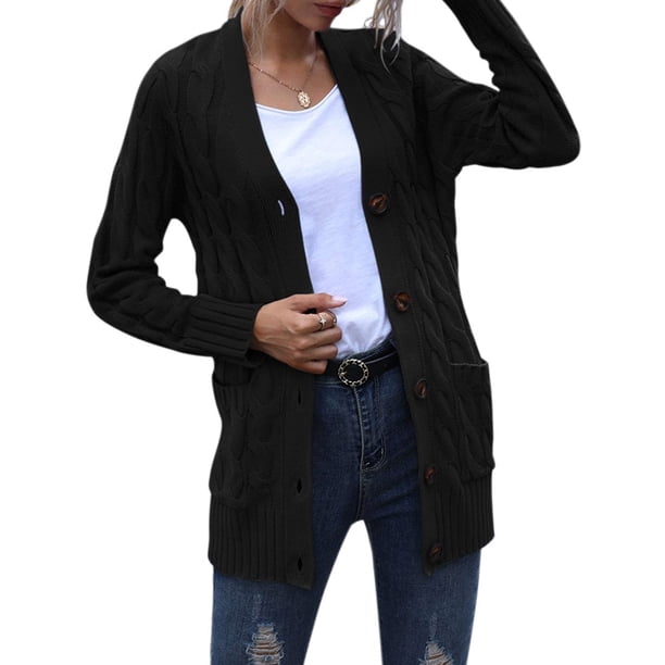 Sonducket Suéter de mujer con cuello en V Botón Prendas de abrigo Abrigo de otoño de punto de manga larga Prendas para la parte del cuerpo Negro L