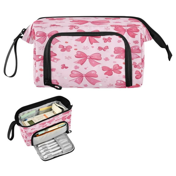 Nylon Fish Mouth Pencil Case with Large Capacity Zipper Pencil Pouch Pink Cute Bows Pencil Bag Organizers