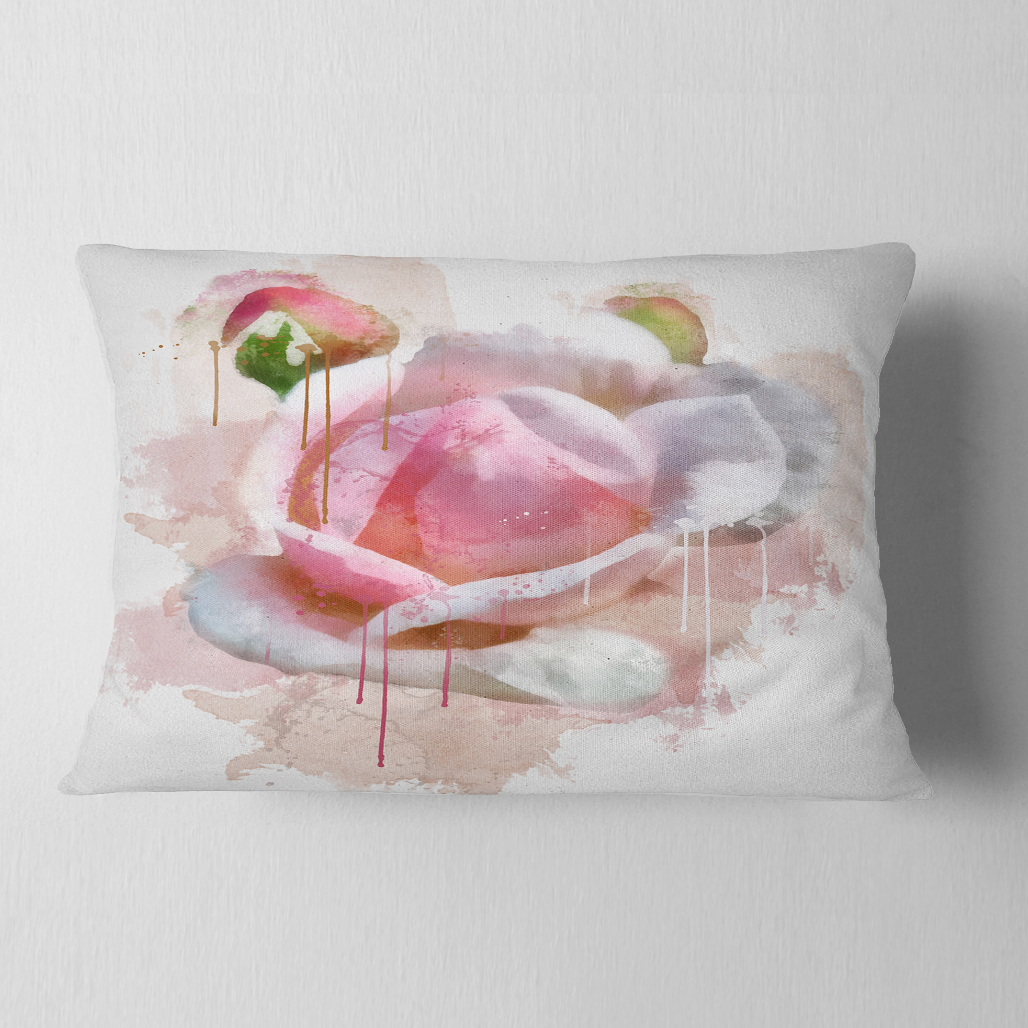 Designart Pink Rose Flower with Paint Splashes - Floral Throw Pillow - 12x20