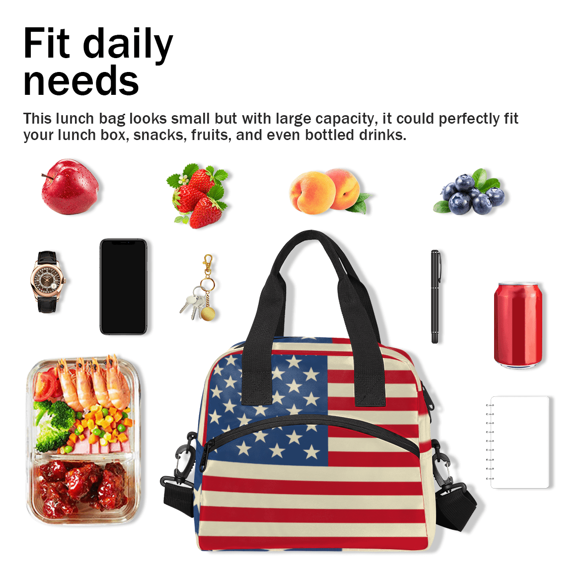 Herdesigns American USA Flag Insulated Lunch Bag for Women Men Adults Large Reusable Lunch Box 4th of July Leakproof Cooler Tote Bags with Adjustable Shoulder Strap