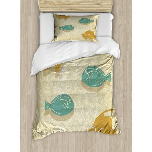 Fish And Wave Duvet Cover Set Twin Size, Aquarium Marine Ocean Themed Fishing Theme Vintage Stylized, Decorative 2 Piece Bedding Set with 1 Pillow Sham, Orange Sand Brown Seafoam, by Ambesonne