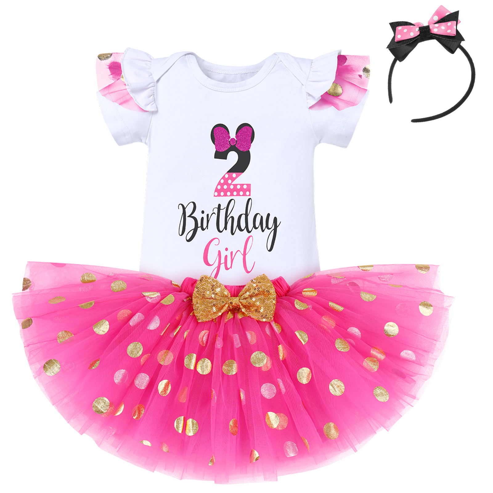IBTOM CASTLE Toddler Girls 1st 2nd 3rd Birthday Outfit Princess Polka Dots Ruffle Tutu Skirt Mouse Headband Cake Smash Party Clothes Set 2 Years Hot Pink