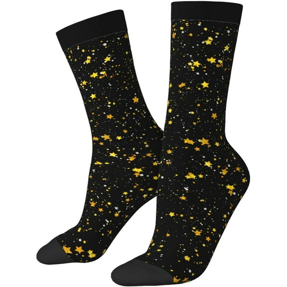 Glitter Stars Gold Black Crew Socks For Men/Women Gifts,Unisex Novelty Casual Dress Socks White