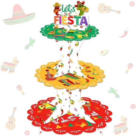 Mexican Fiesta Party Cupcake Stand Mexican Theme Table decor Red and Yellow 3-Tier Let’s Fiesta Cake Stand Mexican Theme Birthday decor for Cinco de Mayo Birthday Baby Shower Gender Reveal