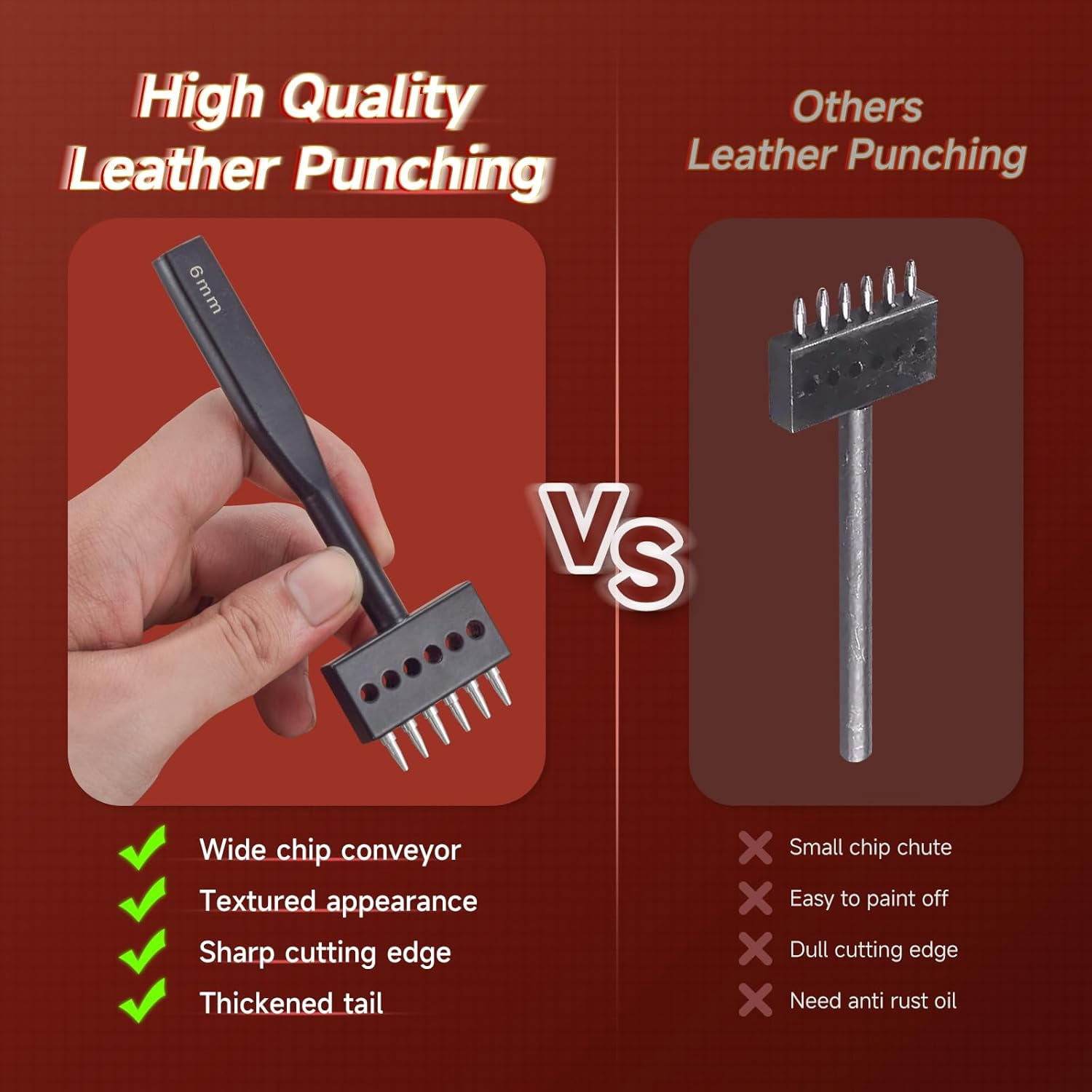 ABCISI Leather Hole Punch Tool Set, 3 Pcs 6mm Leather Row Round Hole Chisel Kit, 2/4/6 Prong Row Diamond Stitching Chisel for DIY Leather Craft, Professional Leathercraft Tools