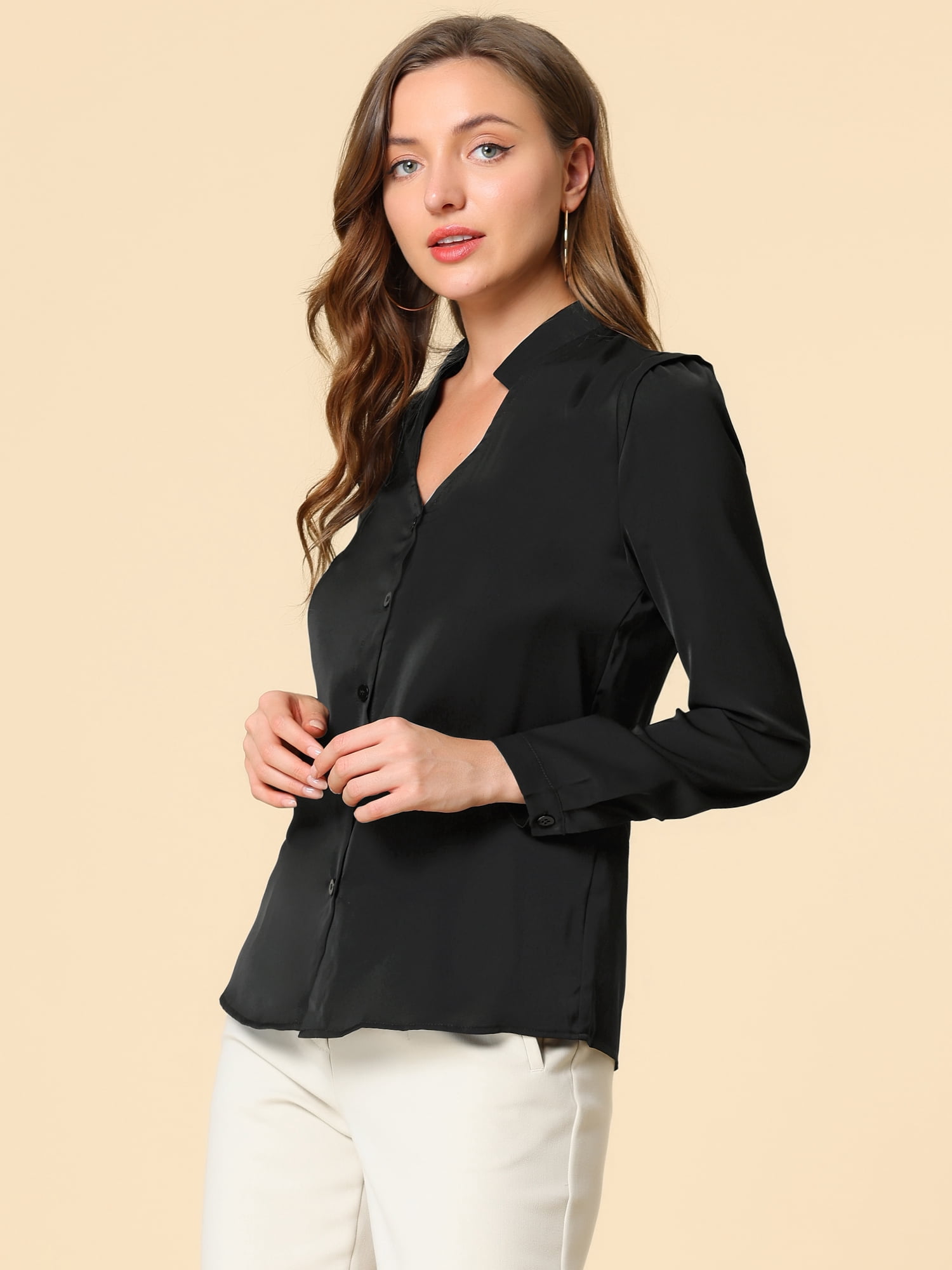 DARING DIVA Women's Elegant V Neck Long Sleeves Button Down Shirt 3XL Black