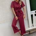 thumbnail image 5 of QUYUON Women Summer Dressy Jumpsuits with Belted Short Sleeve Crew Neck Casual Loose Wide Leg Pants Jumpsuit Rompers Work Office One-Piece Jumpsuits Fashion Overalls, Style 1122 Red L, 5 of 5
