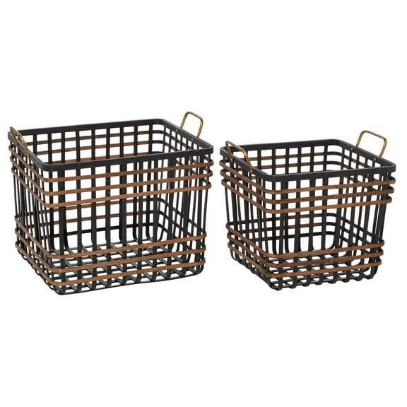 DecMode 14", 24"W Black Bamboo Wood Open Frame Square Storage Basket with Brown Accents, 2-Pieces