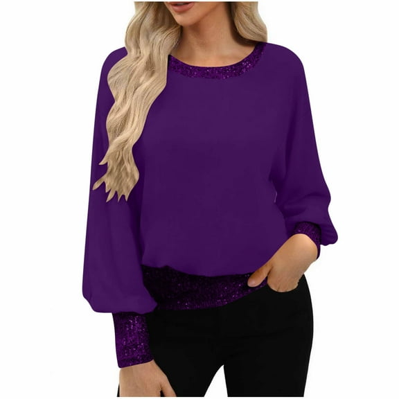 Lenpel Sequin Tops for Women Lantern Long Sleeve Crew Neck Glitter Patchwork Dressy Casual Shirts Loose Sparkly Blouses(Purple,X-Large)