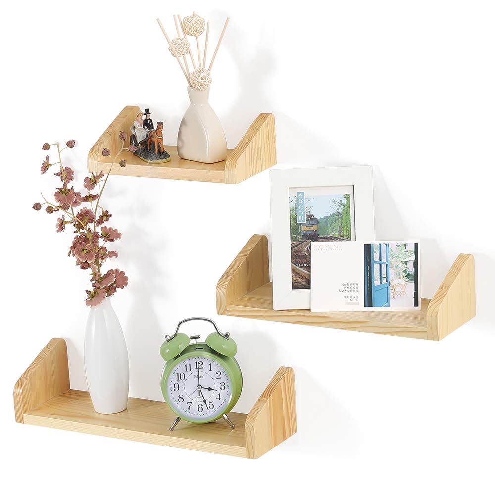 Wallmounted Wooden Floating Shelves, Set of 3 Natural Wood