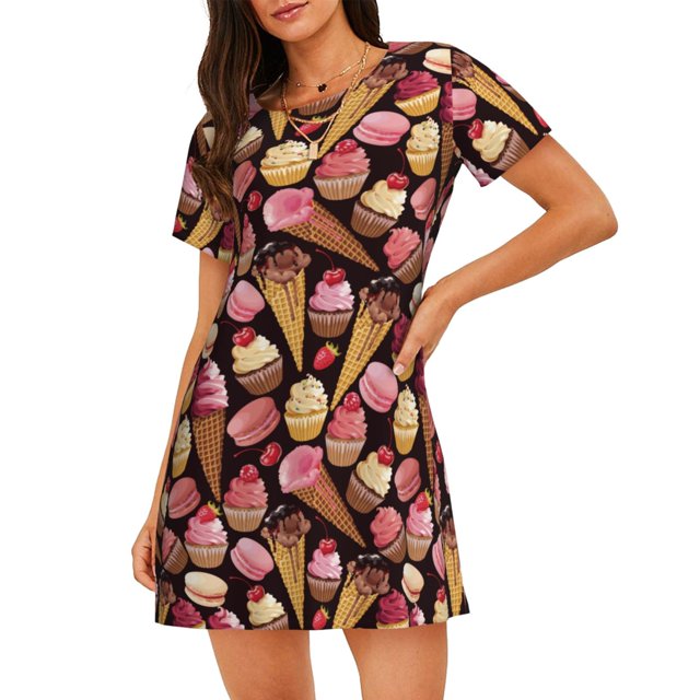 Disketp Ice Cream Cake para Camisón Corto de Manga Corta para Mujeres, Camisón Cómodo con Escote Redondo, Bonito y Confortable