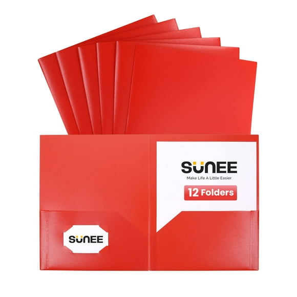 SUNEE 2 Pocket Folders (12 Pack, Red) Heavy-Duty Plastic Folders with Pockets, Fit 8.5x11 Letter Size Paper, 2-Pocket File Folders for Kids, Home, School, Office