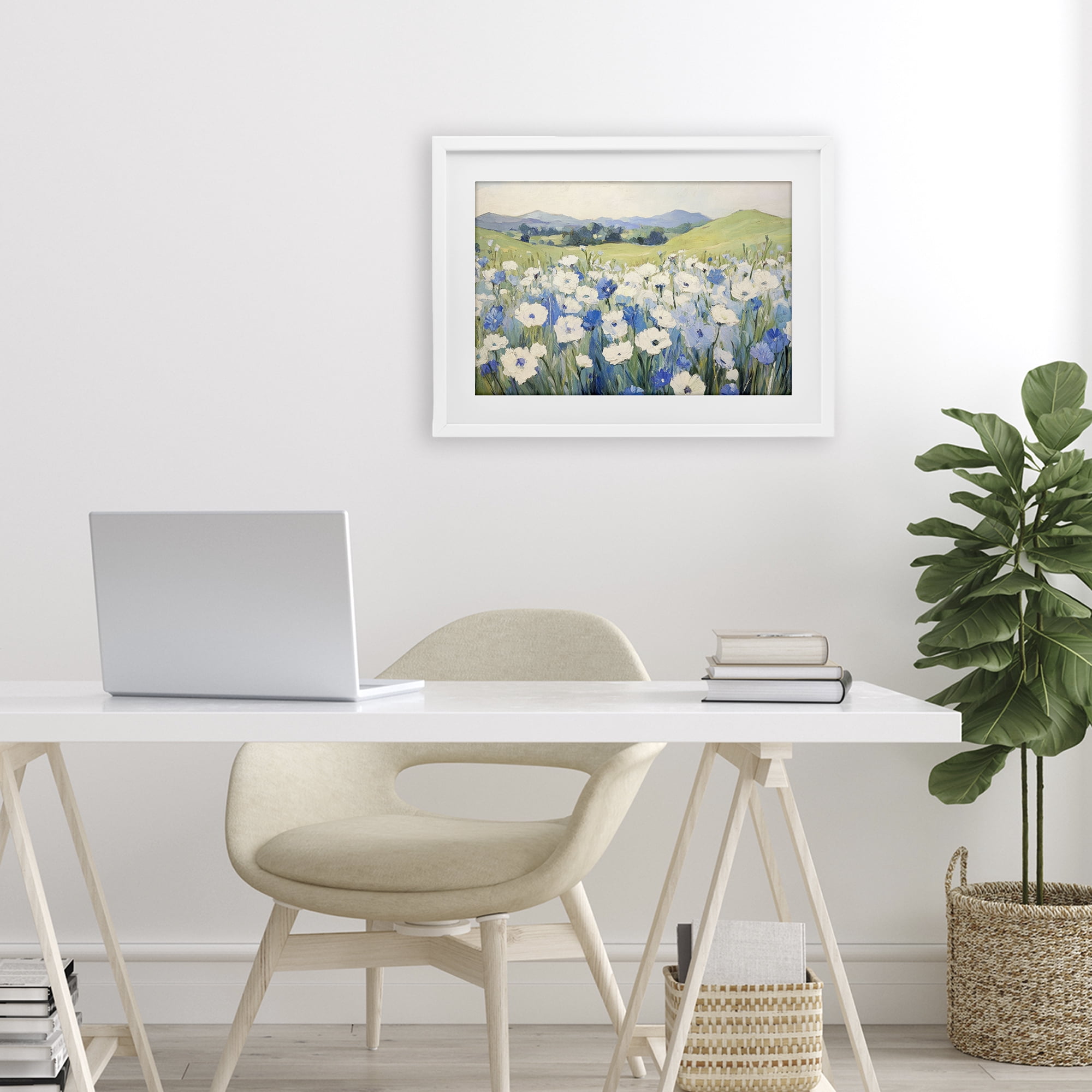 Stupell Industries Blue & White Daisies White Framed Print Under Glass, design by Petal Prints Design