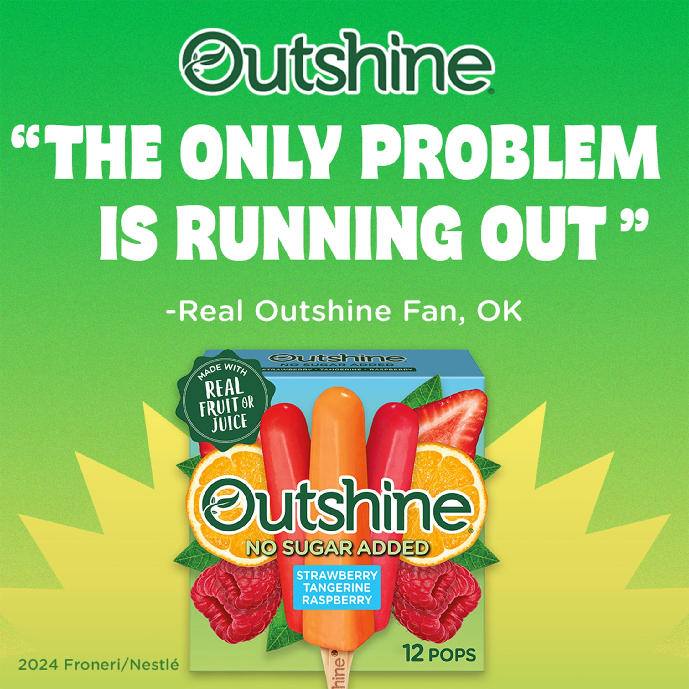Outshine No Sugar Added Strawberry, Tangerine, and Raspberry Frozen Mini Fruit Pops, Variety Pack, 12 Count
