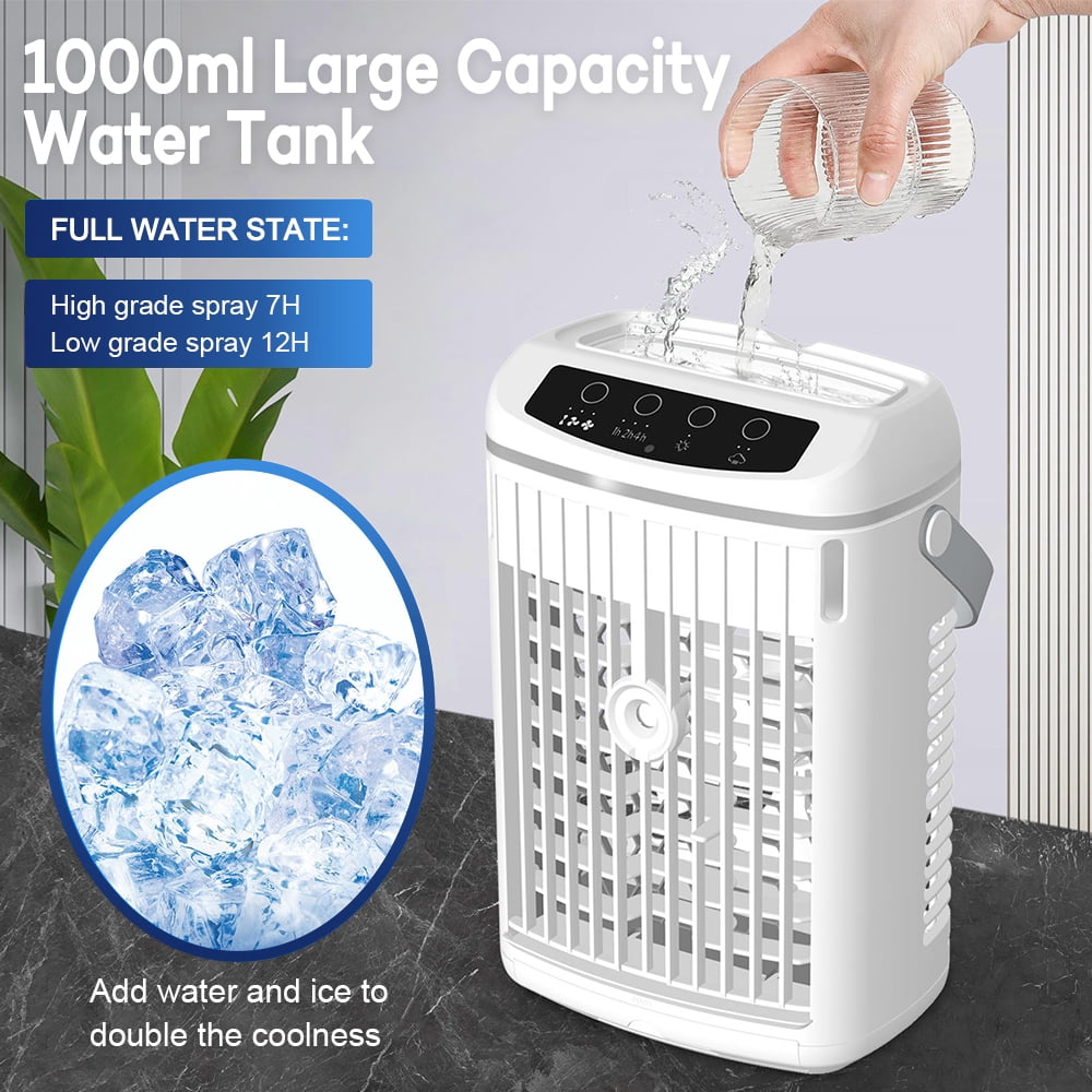 Flaremore Portable Mini Air Conditioner Fan, USB Evaporative Cooler with 3 Wind Speeds, 3 Timers, and Touch Screen Control, for Home, Office, Camping, or Car Use, White