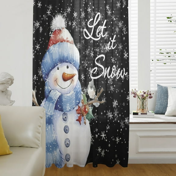 Christmas Snowman Semi Sheer Curtains Drapes for Living Room,Bedroom,French Doors Window 84 Inches Long,Xmas Birds Winter Snowflake Classic Black Rod Pocket Chiffon Curtain Drapery Voile Drape Panel